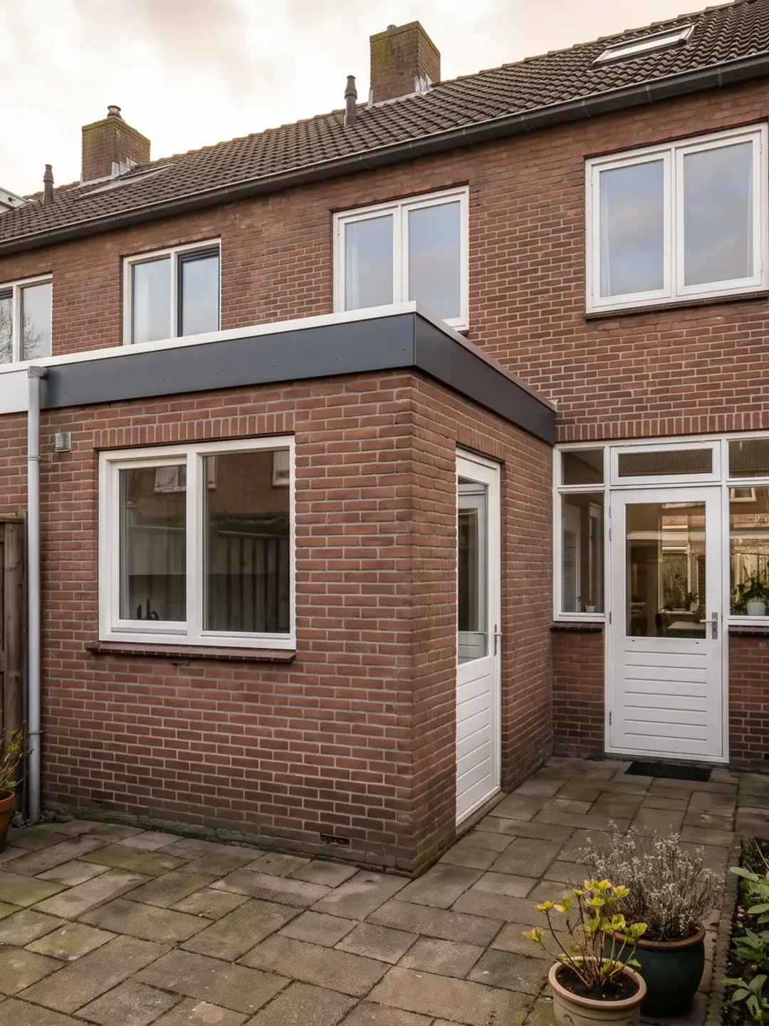 Woning met een plat bitumen dak op een aanbouw