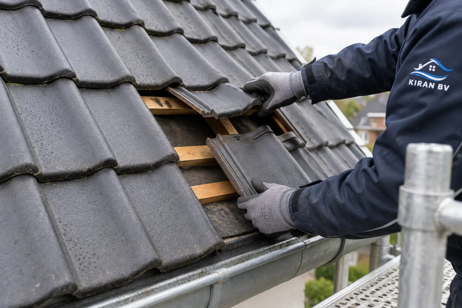 Dakpan en gereedschap als uitleg bij dakreparatie