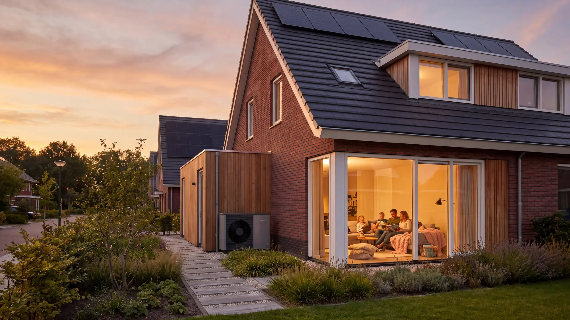 Woning met een donker pannendak en een aangebouwd deel, aan het einde van de dag
