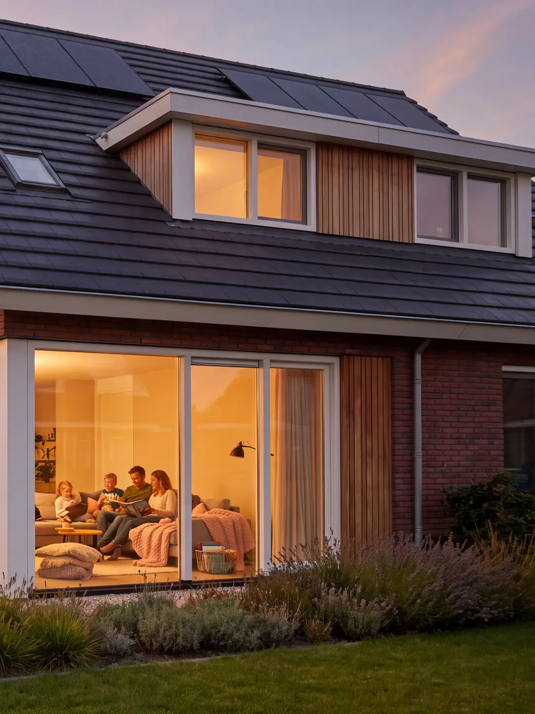 Woning met een donker pannendak en een aangebouwd deel, aan het einde van de dag