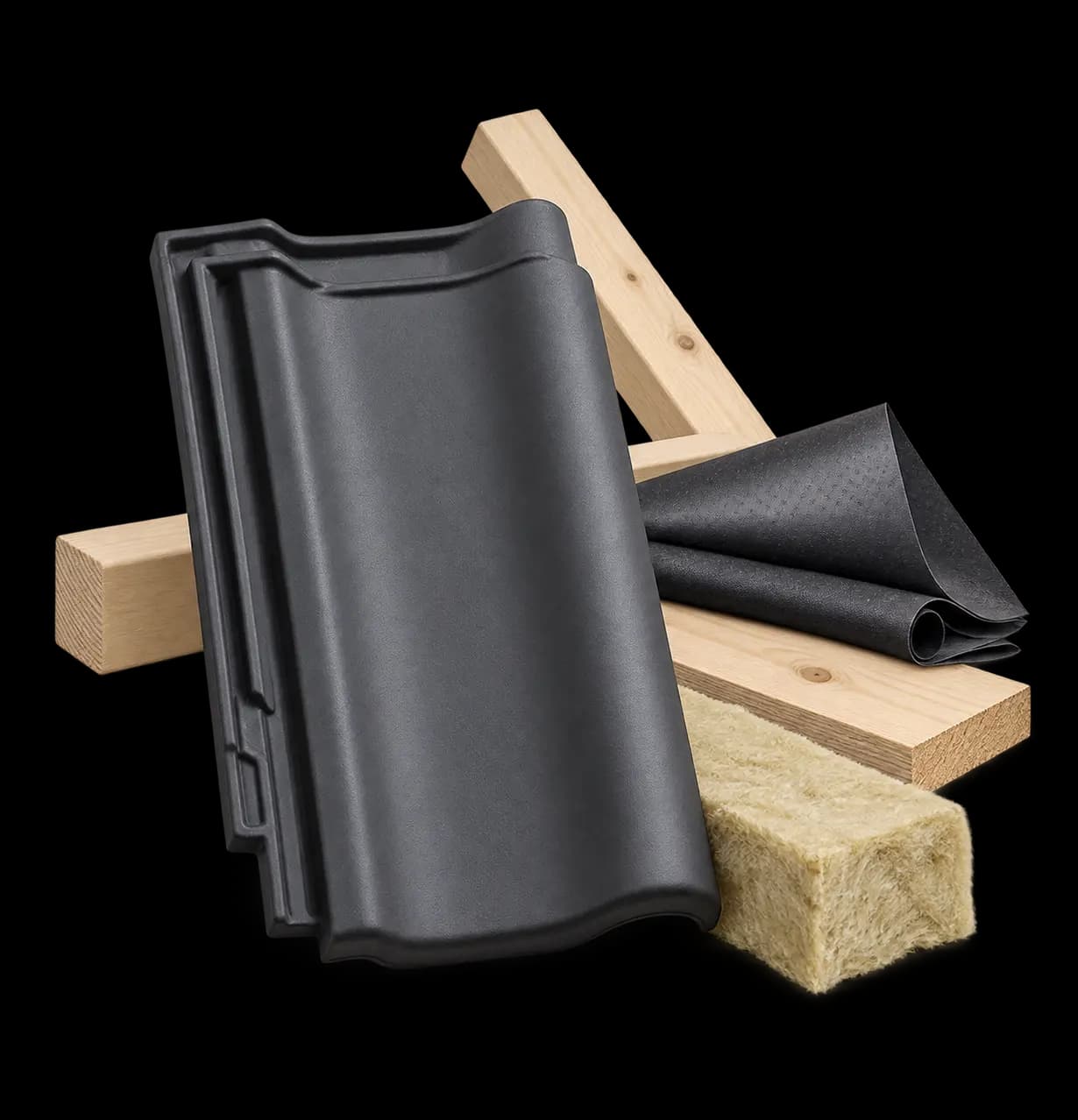 Vrijstaande dakpan, hout en isolatiemateriaal voor een pannendak
