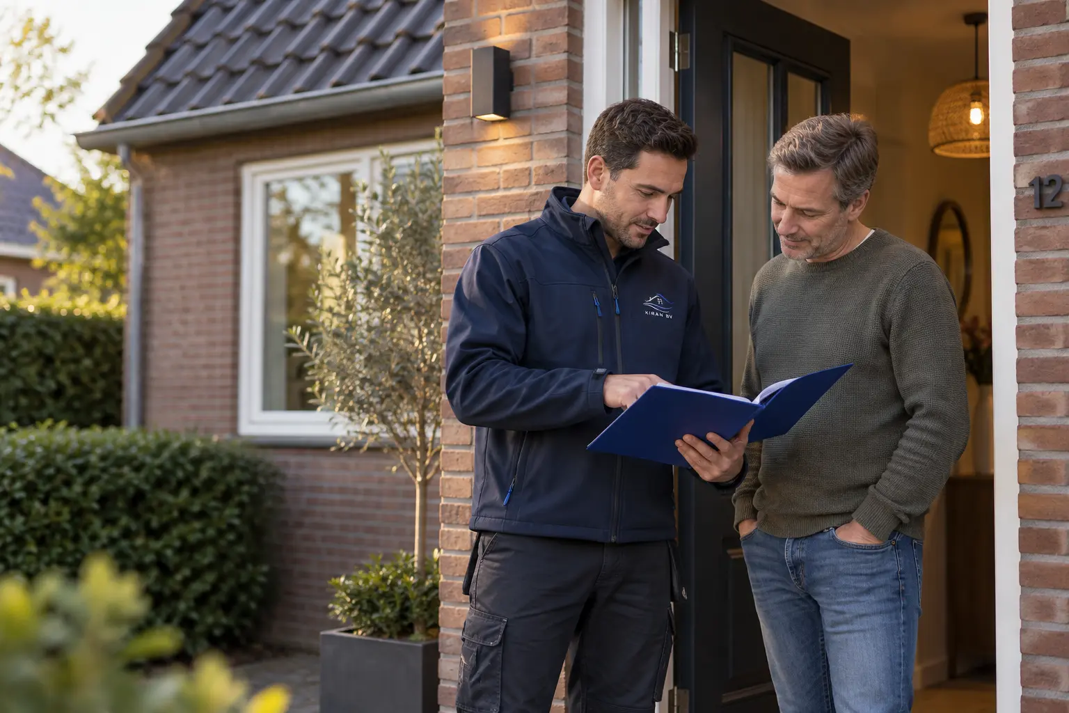 Dakdekker van Kiran BV bespreekt de werkzaamheden met een bewoner